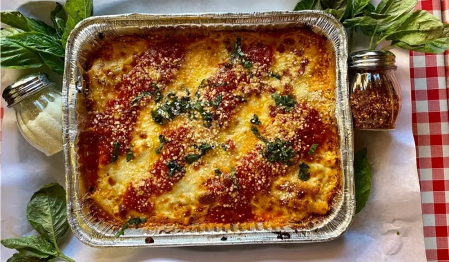 a tray of classic baked ziti