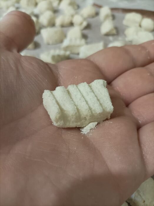 a hand holding a piece of ricotta gnocchi