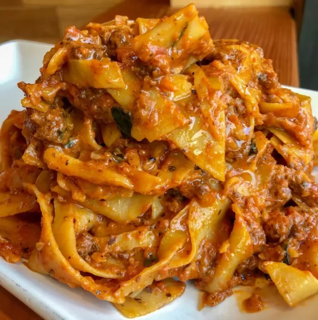 pappardelle made with a famous italian tomato sauce recipe: bolognese sauce