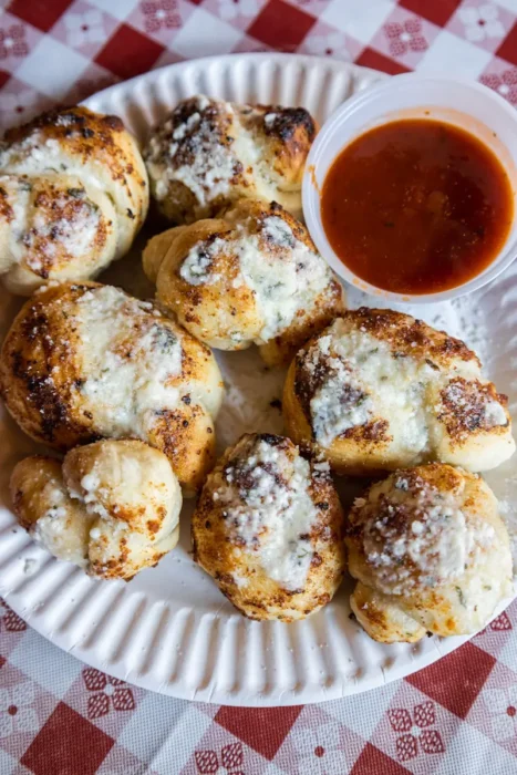 a plate full of appetizers with a little bowl of marinara sauce for dipping