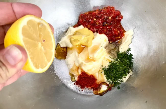 squeezing lemon on the ingredients for spicy aioli in a large bowl