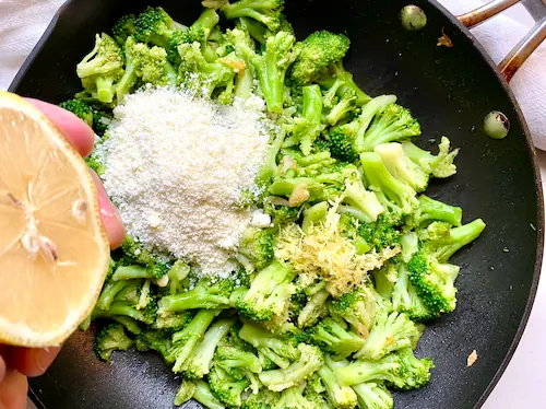 adding parmsan, spices and lemon juice & zest to sauteed frozen broccoli