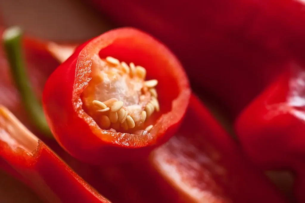 a close picture of calabrian chili pepper seeds, which are their main source of capsaicin and spiciness