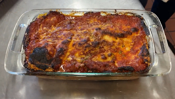 a finished dish of eggplant parmigiana