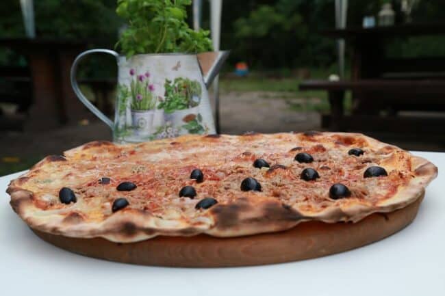 a round pizza with marinara sauce and olives