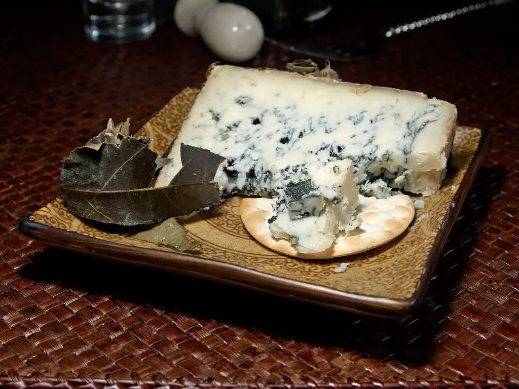 a big piece of blue cheese with its typical blue-green veins on a plate, along with flatbread and leaves..