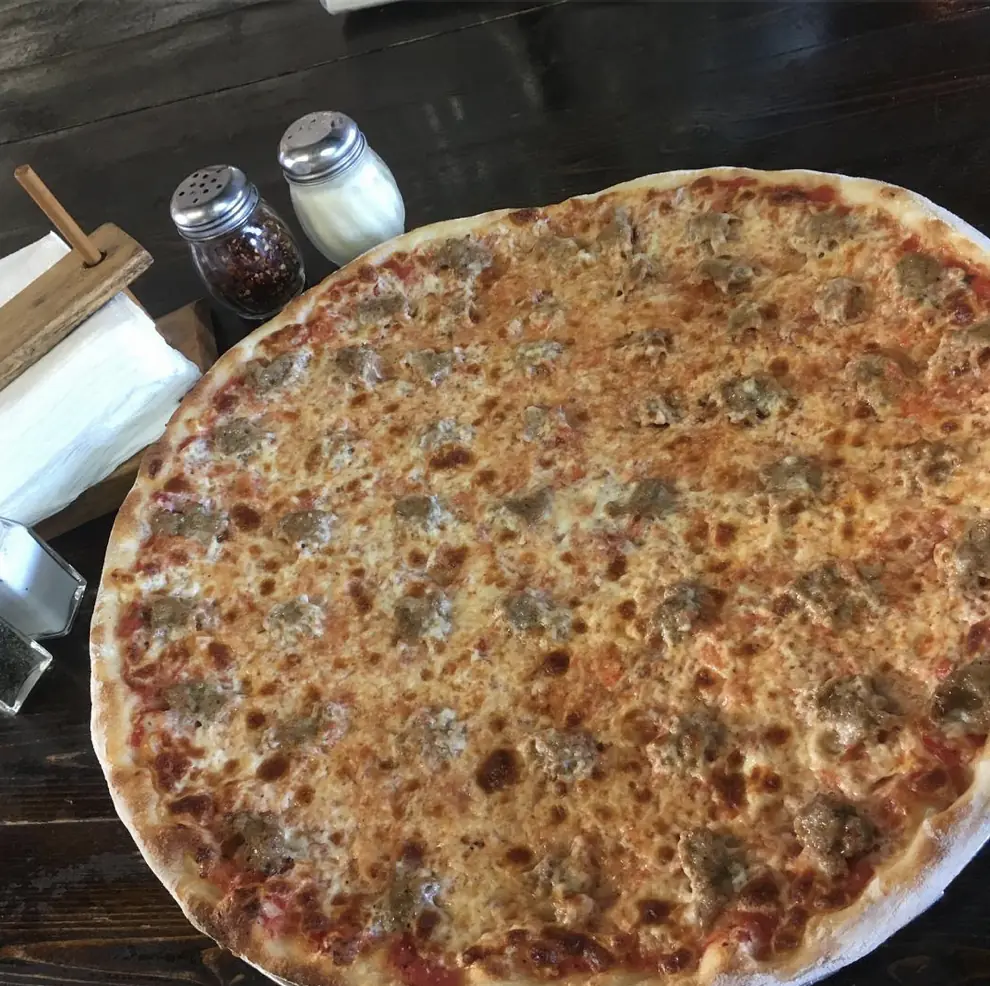 A round Jersey-style pizza from Prison Street Pizza in Maui Island, Hawaii