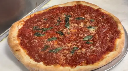 oregano on a round pizza with tomato sauce