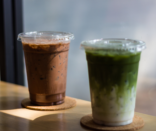 Iced matcha latte & iced chocolate