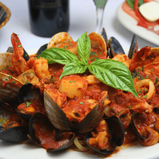 Seafood pasta topped with tomato sauce and fresh basil