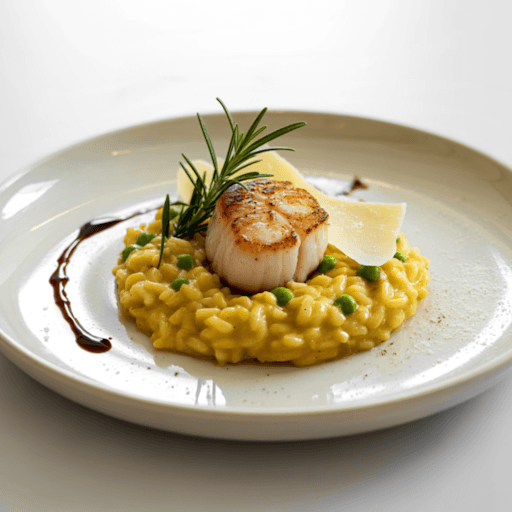 Seared scallop served over creamy risotto with herbs