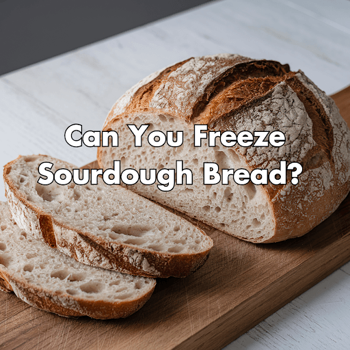 Sourdough bread loaf and slices arranged on cutting board
